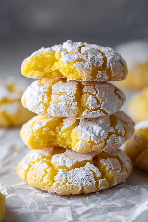 Forget those overly spiced and heavy cookies this holiday season and go for something light and bright instead, like these stunning lemon crinkle cookies! Lemon Crinkles Recipe, Lemon Crinkles, Freshly Baked Cookies, Crinkles Cookies, Lemon Crackle Cookies, Clementine Cookies, Yellow Cookies, Lemon Cookie Recipe, Lemon Kringle Cookies