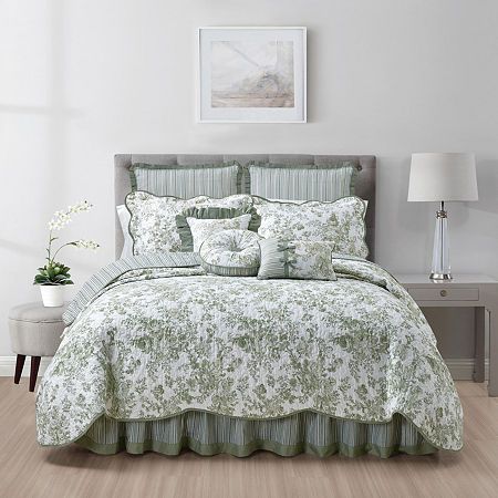 Bring an aristocratic French feel to your bedroom with the classic styling of the Toile Garden bedding collection. The popularity of toile dates back to the 1700s.Floral toile print reverses to stripesScalloped edge with contrast bindingAll-over vermicelli quiltingWashableEuro shams, pillow shams, bedskirt, accent pillows and window coverings sold separately.Features: Reversible, ScallopedQuilt Style: PrintedBed Size: KingMeasurements: 90 Length/Inches, 104 Width/InchesBase Material: 100% CottonFilling Content: 100% NofillingCare: Machine WashDecor Styles: TraditionalBed Cover Type: QuiltsCountry of Origin: Imported Green Toile Bedding, Green King Bedding, Green Quilt Bedding, Green And White Bedding, Green Bedding Bedroom, Sage Green Home Decor, Bedspread Ideas, Sage Bedroom, Throw Blanket Couch