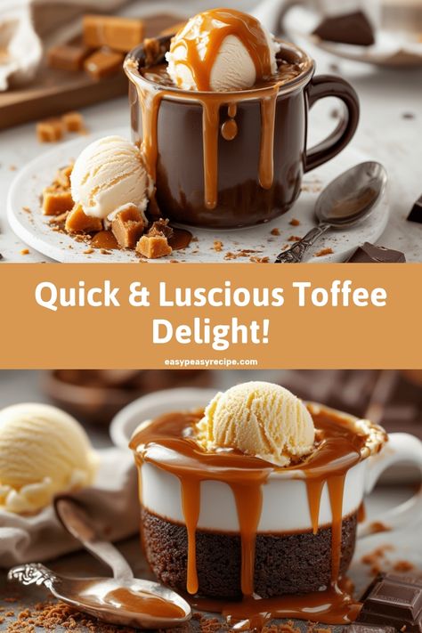 Image of a decadent sticky toffee pudding mug cake topped with ice cream and drizzled with toffee sauce. Sticky Toffee Mug Cake, Easy Sticky Toffee Pudding, Gooey Cake, Mug Cake Recipe, Quick Treats, Cake Recipe Easy, Toffee Pudding, Sticky Toffee Pudding, Warm Cake