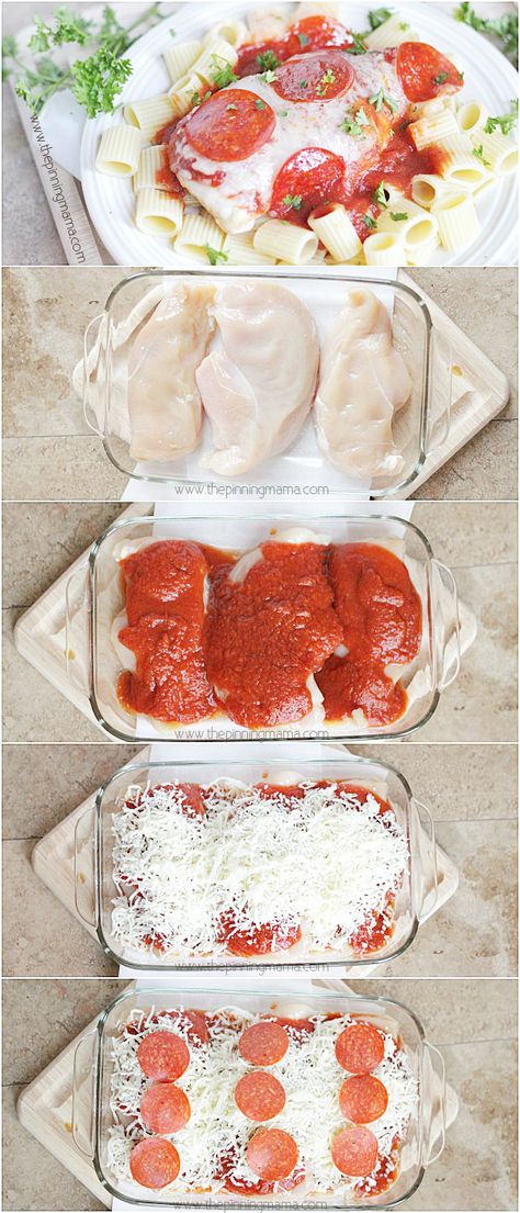 Only 4 ingredients and the kids will love this dinner recipe!  Easy Pizza Chicken Bake from thepinningmama.com Pizza Chicken Bake, Trendy Recipes, Pizza Chicken, Chicken Bake, Easy Pizza, Baked Chicken Recipes, Dinner Recipe, Pizza Recipes, 4 Ingredients