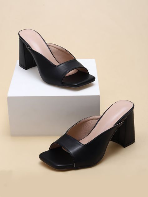 Black Elegant Collar Plain Mules Embellished Women Shoes Mules Women, Mules Sandals, Heeled Mule, Mid Heels Pumps, High Heel Mules, Heeled Mules Sandals, Heel Mules, Black Sandals Heels, Mule Sandals