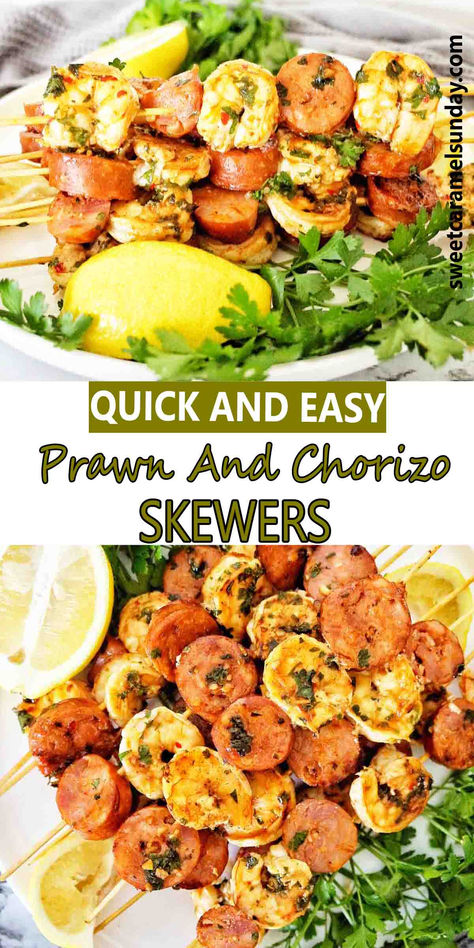 Skewers with prawn and chorizo on white plate with parsley and lemon wedges. Prawn And Chorizo Skewers, Chorizo Skewers, Prawn And Chorizo, Shrimp And Chorizo, Prawn Skewers, Weekend Lunch, Juicy Shrimp, Prawn Shrimp, Shrimp Skewers