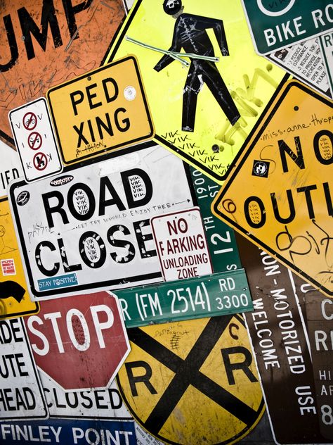 Discarded street signs in an alleyway in downtown Missoula, MT Archer Coleman, Road Signs In Room, Street Signs In Room, Street Signs Decor, Street Signs Aesthetic Room, Street Signs Aesthetic, Aesthetic Signs, Street Sign Design, Street Sign Decor