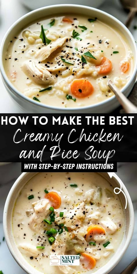 Creamy chicken and rice soup made in 30 minutes. Enjoy a homemade soup with tender chicken and hearty vegetables. Perfect for a cozy dinner. Creamy Chicken Bacon Rice Soup, Weight Watchers Creamy Chicken Soup, Crockpot Creamy Chicken Rice Soup, Soup With Chicken Healthy, Hearty Chicken And Rice Soup, Best Chicken And Rice Soup Recipe, Cream Of Chicken Vegetable Soup, Creamy Chicken And Rice Soup Recipes, Cream Of Chicken Rice Soup Recipes