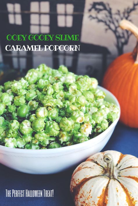 This Ooey Gooey Slime Popcorn is the perfect Halloween treat! A spooky bright green treat. This sticky, slimy, soft caramel popcorn is seriously the best popcorn ever! It's my go-to sweet treat recipe that everybody loves! A perfect recipe for a party with a hungry crowd. Slime Popcorn, Snickerdoodle Hot Chocolate Recipe, Soft Caramel Popcorn, Mushroom Popcorn, Air Popper, White Chocolate Popcorn, Popcorn Recipes Caramel, Jalapeno Jelly, Halloween Party Appetizers