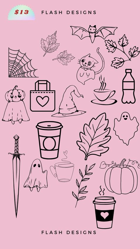 Fine line Halloween/fall season inspired designed flash sheet tattoos at $13 Fall Tiny Tattoo, Halloween Tiny Tattoo, Small Fall Tattoos, Fall Flash Tattoo, Simple Fine Line Tattoo Ideas, Halloween Tattoo Ideas Simple, Friday The 13th Flash, Fall Tattoo, Cute Simple Tattoos