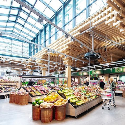 ACME, REWE Green Farming Food Market, Weisbaden, Germany Supermarket Design Interior, Commercial Design Exterior, Shelter Design, Green Farm, Traditional Market, Roof Architecture, Timber Construction, Urban Architecture, Glass Facades