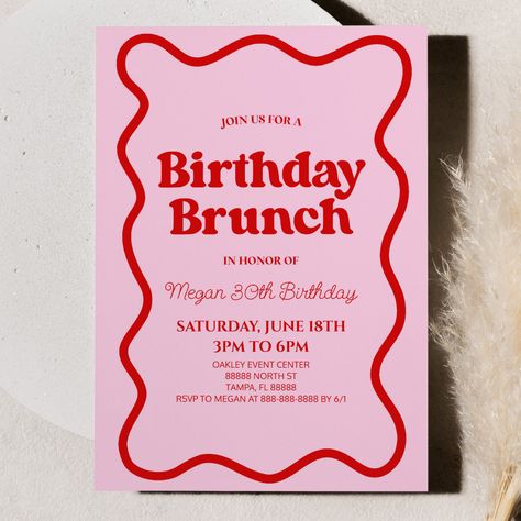 Aesthetic Brunch Party, Brunch Pink Theme, Pink Red Invitation, Pink Red Party Decorations, Brunch Birthday Party Invitation, Pink Red Birthday Party, Brunch Party Invitations, Birthday Brunch Decorations, Birthday Brunch Invitations