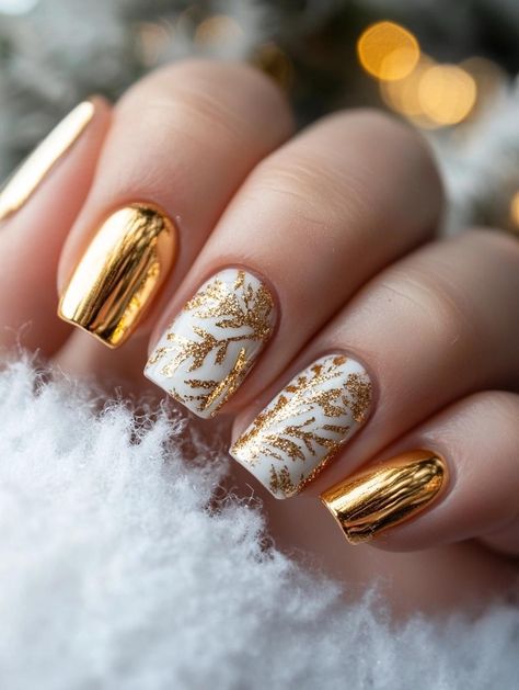 Elevate your holiday style with 29 stunning gold Christmas nail designs. From subtle nude-and-gold combinations to full-on glitter explosions, these manicures cater to every taste. Incorporate seasonal elements like reindeer, holly, and snowflakes for a festive touch. Make your nails the perfect accessory for gift-giving, party-going, or simply celebrating the magic of winter. Metallic Holiday Nails, Nude And Gold Christmas Nails, Gold Chrome Christmas Nails, Bronze Christmas Nails, Christmas Nails Silver And Gold, Gold Christmas Nails Designs, New Years Nails Gold Glitter, Nail Art For New Years, Christmas Nails Gold And White