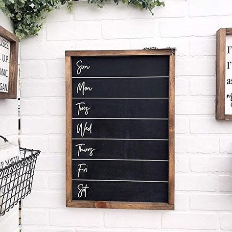 Blank weekly menu chalkboard on white brick wall - Decoist Menu Chalkboard, Home Decor Farmhouse Style, Custom Wood Doors, Kitchen Wall Hangings, Wooden Wall Plaques, Diy Wall Shelves, Farmhouse Style Sign, Framed Chalkboard, Chalkboard Wall