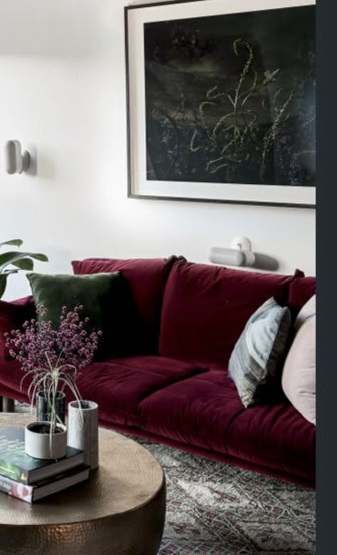 Deep Velvet Couch, Moody Living Room Red Couch, Living Room Burgundy Couch, Mulberry Sofa Living Room, Burgundy Furniture Living Room Decor, Wine Couch Living Rooms, Cranberry Sofa Living Room Ideas, Burgundy Velvet Sofa Living Room Ideas, Raspberry Sofa Living Room