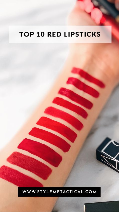 Beautiful Red Lipstick, Blue Based Red Lipstick Drugstore, Nars Red Lipstick, Best Blue Red Lipstick, Red Lipstick For Olive Skin, Blue Based Red Lipstick, Shades Of Red Lipstick, Red Lipstick Swatches, Blue Red Lipstick