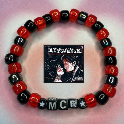 Rock Band Bracelets, Mcr Kandi Bracelets, Fall Out Boy Bracelet Ideas, Mcr Bracelet Ideas, Band Kandi Bracelets, Kandi Singles Ideas Emo, My Chemical Romance Bracelet, Horror Kandi, Cavetown Bracelets