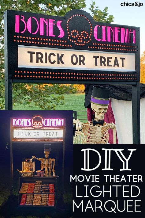 Movie Theatre Trunk Or Treat, Diy Cinema Sign, Halloween Marquee Sign, Haunted Movie Theater Party, Outdoor Movie Theater Ideas, Old Fashioned Movie Theater, Movie Theater Trunk Or Treat Ideas, Fancy Movie Theater, Diy Marquee Sign