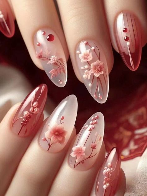 Buscar Press Nails | SHEIN Nails Art Flowers Designs, Press On Nail Designs Almond, Romantic Nails Acrylic, Gel Nails With Flowers, Asian Nail Designs, Japanese Inspired Nails, Fairytale Nails, Dried Flower Nails, Cute Press On Nails