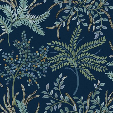 Navy And Aqua Wallpaper, Navy Powder Room Wallpaper, Navy Pattern Wallpaper, Navy And Green Wallpaper, Botanical Wallpaper Living Room, Small Bathroom Dark Wallpaper, Blue Powder Room Wallpaper, Navy Blue And Green Living Room, Botanical Wallpaper Bathroom