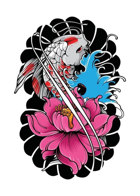 Koi Fish with Japanese Wave and Flowers Tattoo Japanese Illustration Style Isolated Vector. Editable Layer and Color. Tattoo Catalog, Japanese Flower Tattoo, Tattoo Japanese, Japanese Wave, Koi Art, Japanese Water, Scorpion Tattoo, Cool Car Drawings, Japanese Flower