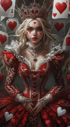 ↑↑↑ Larger size on website 🔸 A woman with long blonde hair, wearing a red and white dress with a crown, is surrounded by playing Gothic Queen Of Hearts, Queen And Knight, Cheshire Smile, Powerful Queen, Serious Expression, Queen Design, Fantasy Queen, Heart Costume, Queen Of Hearts Costume