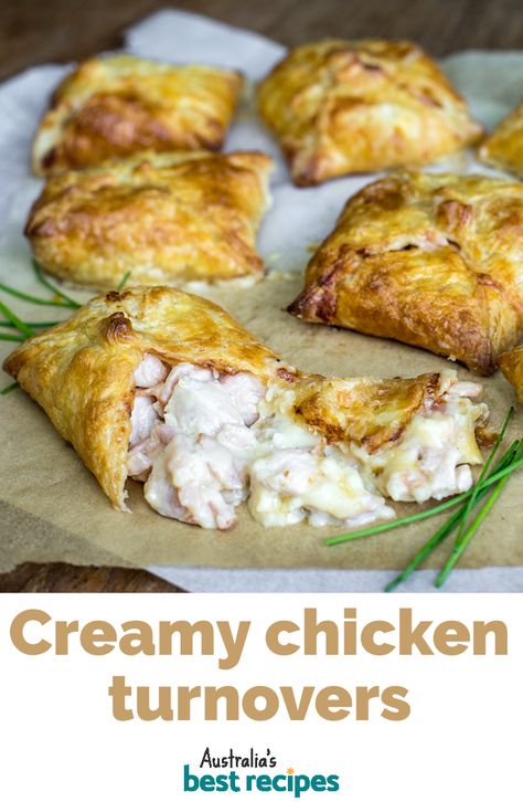 Everything is better with pastry, and these creamy chicken and bacon turnovers are no exception. The creamy savoury filling is wrapped in rich butter puff pastry and baked until golden - you won’t be able to stop at one. #chicken #chickenrecipes #turnovers #puffpastry #pastry #dinner #dinnerideas #australia #australian #australianrecipes Jam Drop Biscuits, Chicken Braid, Creamy Chicken And Bacon, Pastry Dinner, Chicken Puffs, Butter Puff Pastry, Chicken And Bacon, Turnover Recipes, Chicken Milk