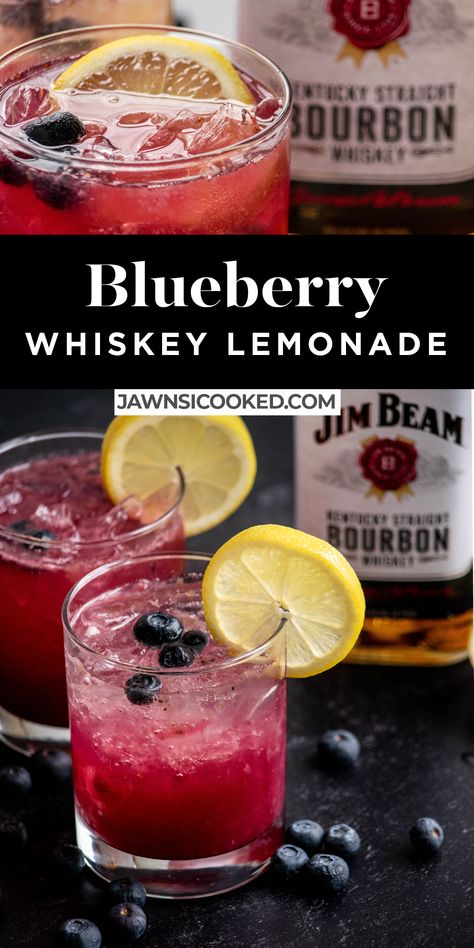 This easy, fresh and delicious Blueberry Whiskey Lemonade combines fresh blueberries, fresh lemon juice, bourbon whiskey and a bit of sugar for an easy and refreshing cocktail! Use Jim Beam or your favorite bourbon whiskey for a crisp and tart bourbon lemonade great for company, or a relaxing evening drink. Bourbon Lemonade, Bourbon Drinks Recipes, Blueberry Drinks, Whiskey Lemonade, Blueberry Cocktail, Lemon Cocktail, Whisky Cocktails, Lemonade Cocktail, Bourbon Drinks