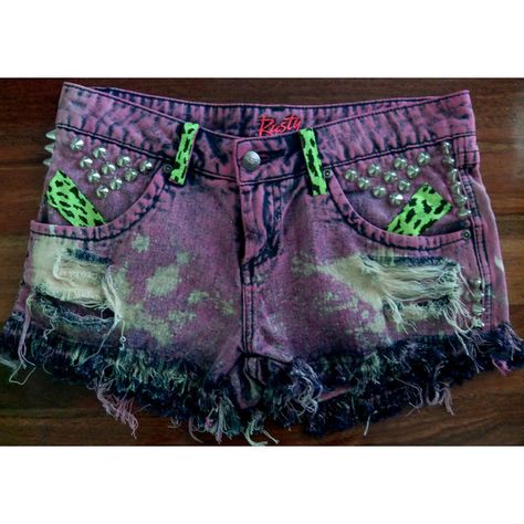 AMAZING PINK acid wash denim cut offs shorts studded grunge pastel... ($57) ❤ liked on Polyvore featuring shorts, bottoms, studded denim shorts, cutoff shorts, stretch shorts, pink shorts и leopard print shorts Scene Shorts Outfit, Emo Pants, Scene Shorts, Goth Shorts, Punk Shorts, Pastel Shorts, Bleached Shorts, Grunge Pastel, Goth 90s