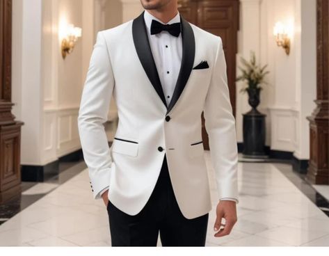 Groom Attire Black And White, White And Black Wedding Suit, Groom Suit Black And White, Ivory And Black Tuxedo Wedding, White Tux For Groom, White And Black Tuxedo Wedding, White Tux Groom, White Tuxedo For Men Wedding, Marriage Suits