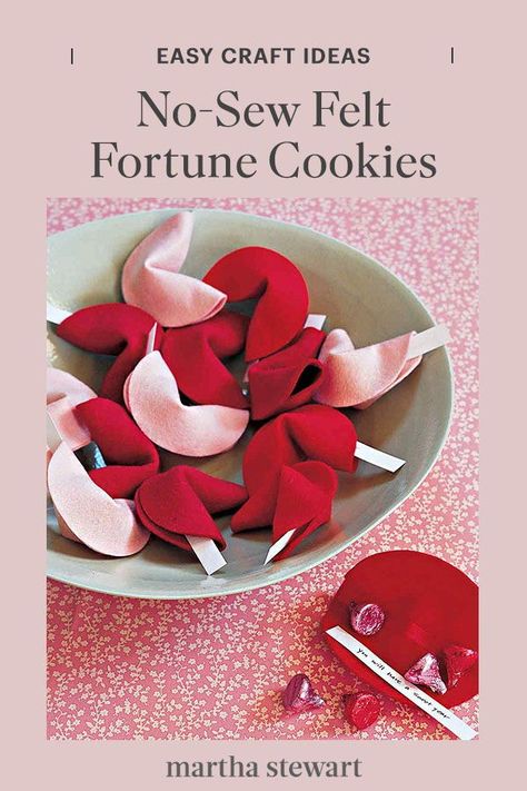 Skip the store-bought cookies and make these no-sew felt fortune cookies that can hold little messages of love and good fortunes in them. Follow our simple and quick felt fortune cookie craft tutorial and make them as pretty handmade Valentine's Day cards or as a fun kids' craft idea. #marthastewart #valentinesday #valentinesdecor #partyideas #easyvalentinesdaycrafts Felt Fortune Cookies, Felt Fortune Cookies Diy, Valentines Sewing Ideas, Felt Valentines Day Crafts, Valentines Cards Handmade Kids Easy Diy, Valentine Felt Crafts, Fortune Cookie Craft, Valentine Sewing Projects, Fortune Cookie Recipe