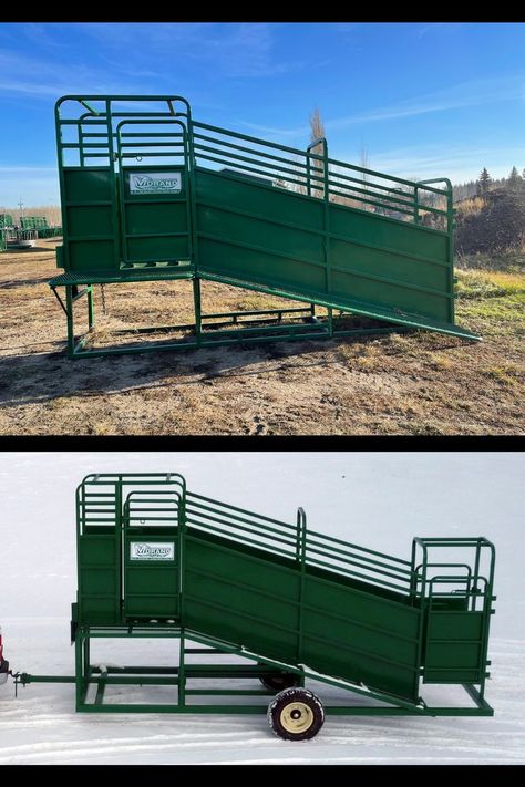 Two photos, Feed Lot Loading Chutes are designed to load animals into a cattle liner. Portable or Stationary available. 13' ramp with 5' of deck, both have a blocker door entries, built in catwalk. Cattle Loading Chute, Livestock Trailers, Barn Ideas, Goat Farming, Entry Doors, Rodeo, Animals