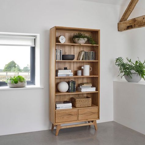 Scandinavian Bookshelves, Bedroom Bookcase, Library Rooms, Oak Bookshelves, Oak Furniture Land, Classic Lounge, Simple Living Room Decor, Tall Bookcase, Oak Furnitureland