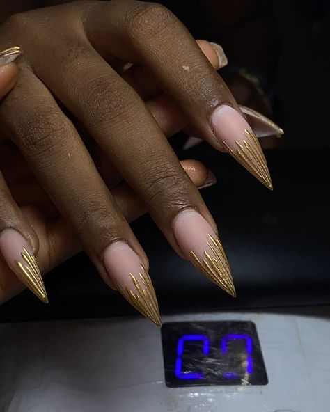 Happy new month 🎊🎊 Swipe through for the nail process of this beautiful chrome set #nails #acrylicnails #stilettonails #chromenails #nailsinogba #explore #lagosnailtech #nailsofinstagram #nailinspiration #stiletonails Stilleto Nails Fall Design, Gold Chrome French Tip Nails, Metallic Chrome Nails, Nail Process, Gold Chrome Nails, Set Nails, Happy New Month, Nails Design With Rhinestones, Gold Chrome