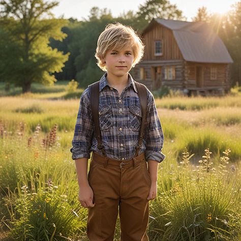 A 12-year-old boy with tousled blonde hair, dressed in rugged 1850s Minnesota Frontier attire, including a plaid shirt, worn leather vest, suspenders, and dusty brown trousers. He stands in a sun-drenched field of tall grass and wildflowers while the late summer sun bathes the landscape in golden light, casting long shadows across the rustic wooden fences and a quaint log cabin in the background. Mens Pioneer Clothing, Kirsten Larson, Woods Outfit, Pioneer Clothing, Pioneer Girl, Wooden Fences, Malfoy Family, Dusty Brown, Children Of The Corn