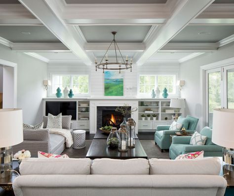 Beach House Style In Orono, Minnesota Living Room Two Couches, Family Room Layout, Furniture Placement Living Room, Living Room Furniture Layout, Sala Grande, House Of Turquoise, White Interior Design, Furniture Placement, Family Room Ideas