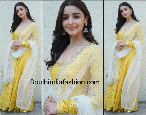 Alia Bhatt In Yellow Nikasha Anarkali Styled By Ami Patel! Alia Bhatt Churidar, White And Yellow Anarkali, Alia Bhatt Anarkali, Yellow And White Suit, White Net Dupatta, Yellow Anarkali Suits, Aliya Bhatt, Yellow Anarkali, Dance India Dance