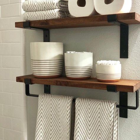 One of our clients created an all in one bathroom shelf and towel holder with our brackets + our steel towel bar! 👏🏼 We love seeing… Retail Wall Displays, Diy Toilet Paper Holder, Rustic Bathroom Shelves, Outdoor Kitchen Bars, Metal Rack, Small Bathroom Storage, Outdoor Bathrooms, Unique Bathroom, Rustic Bathroom