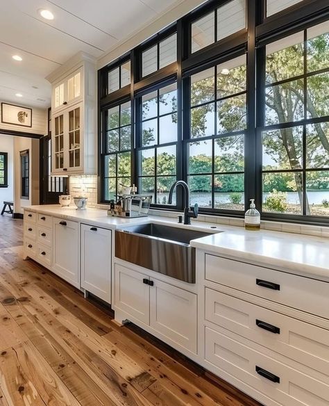 Open Windows Kitchen, Big Windows Kitchen Ideas, 3 Windows Above Kitchen Sink, Kitchen Sink Overlooking Backyard, Kitchen With Lots Of Windows Layout, Large Sink Window, Large Window In Kitchen Over Sink, Kitchen With Sink By Window, Garage Kitchen Window