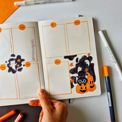 Weekly bujo ideas - Spooky Fun Awaits! 🎃 👻 Get ready for a productive week with a touch of Halloween magic! 🎃 My weekly spread is all about blending spooky vibes with organized plans. 🍂✨ How do you stay organized during busy weeks? Let me know in the comments! ✨ 👉 Follow @tintyourgoals for more creative weekly bullet journal spreads and stay tuned for more Halloween-inspired layouts! 💀🎯 tags 🏷 #octoberbujo #weeklyspread #bujoweeklyspread #spookybujo #halloweenbulletjournal #bulletjourn... Halloween Bullet Journal Ideas, Halloween Bullet Journal, Weekly Bullet Journal, Bujo Weekly Spread, Bullet Journal Spreads, Bujo Ideas, Bullet Journal Ideas, Journal Spreads, Halloween Magic