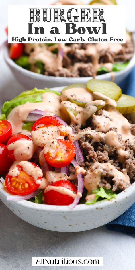 Healthy Burger in a Bowl Macro Bowl Ideas, Hamburger In A Bowl, Hamburger Bowl Recipes, Cheese Burger Bowl, Big Mac Burger Bowl, Burger Bowls Recipe, Healthy Burger Bowl, Macro Planning, Big Mac Bowl