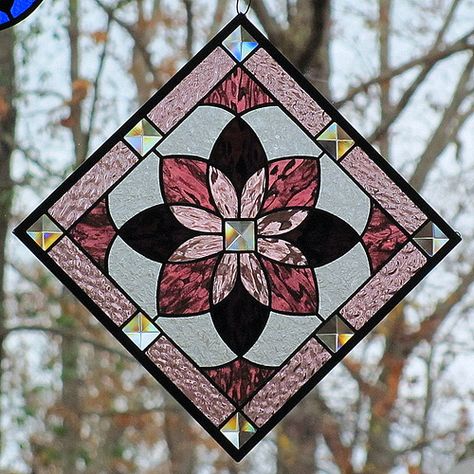 Creating this design in a smaller size allows it to be hung either as a square or as a diamond. Stained Glass Window Panels, Diy Stained Glass Window, Stained Glass Quilt, Glass Window Art, Making Stained Glass, Stained Glass Window Panel, Stained Glass Decor, Stained Glass Ornaments, Stained Glass Window Hanging