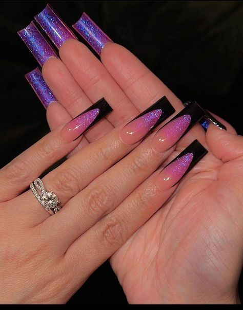 Dark Purple And Black French Tip Nails, Black Purple Acrylic Nails, Nail Designs No Extensions, Black Nails With Pink French Tip, Nail Art Purple And Black, Cute Purple Birthday Nails, Long Acrylic Nail Designs Purple, Dark Purple Square Acrylic Nails, Purple Aesthetic Nails Acrylic