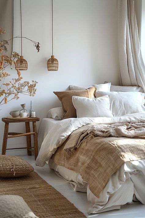 29 Scandi Boho Bedroom Ideas to Elevate Your Bedroom Aesthetic - My Elegant Home Bohemian Scandinavian Bedroom, Small Scandi Bedroom, Scandi Boho Bedroom, Scandinavian Bedroom Nordic, Nordic Bedroom Ideas, Nordic Style Interior Design, Scandinavian Bedroom Ideas, Beautiful Bedroom Inspiration, Boho Bedroom Inspirations