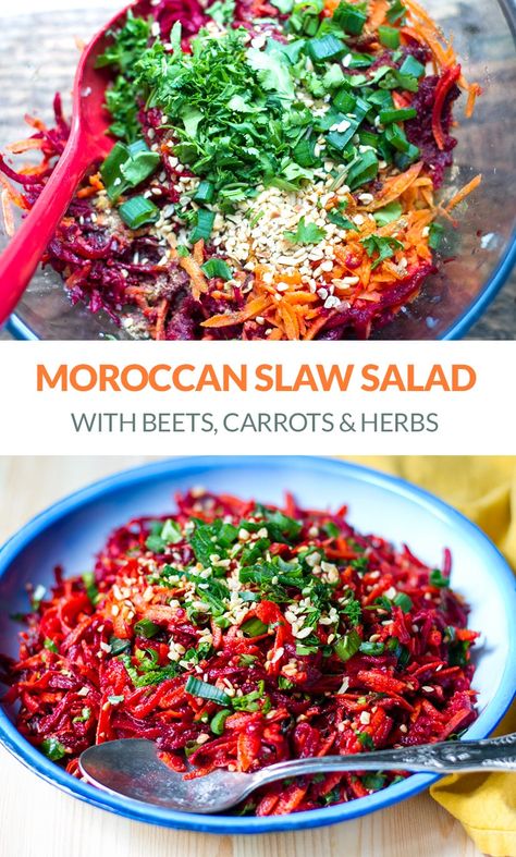 You will love this Moroccan carrot salad with beets, spices, herbs and toasted nuts. It's colorful, flavorful and nutritious and is great as a side dish with meat, fish or plant-based protein. It's rich in vitamins and antioxidants, fibre and is gluten-free, paleo, Whole30 and vegan-friendly. #salad #salads #beets #carrots #slaw #moroccan #moroccanrecipes #vegan #plantbased #glutenfree #paleo #whole30 Sugar Showpiece, Salad With Beets, Light Foods, Moroccan Carrot, Moroccan Carrot Salad, Slaw Salad, Moroccan Carrots, Raisin Recipes, Carrot Slaw