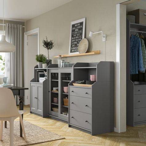 HAUGA Storage combination - gray - IKEA Ikea Hauga, Ikea Furniture Hacks, Painted Drawers, Glass Cabinets Display, Organization Furniture, Ikea Family, Glass Cabinet Doors, Furniture Hacks, Open Shelves