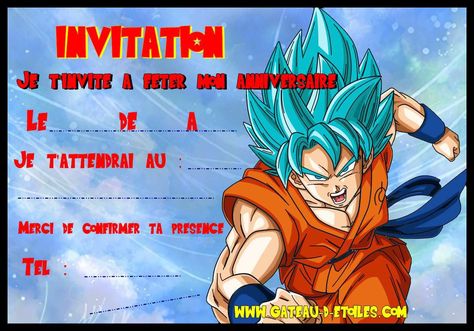 Pour les fans de DBZ, voici une invitation gratuite :) Clic droit et enregistrez sous Dragon Ball Invitation, Ball Invitation, Dragon Ball Z, Kids Playing, Dragon Ball, Comic Book Cover, Birthday