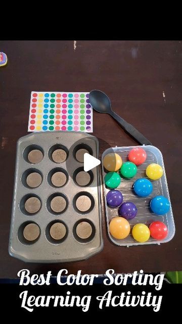 Playful Preschool Learning on Instagram: "😍 I just love her song at the end! 🤭  🎊Best Color Sorting Activity for Preschoolers-Kindergarten!🔴🟠🟡🟢🔵🟣   Loads of fun for your kids as they match the colors, name them, and color sort with fine motor skills.  Supplies: Muffin tin , color stickers, balls, spoons, pom poms, tweezers, and a bin to hold the balls and pom poms.  Enjoy!! 🥰  #learningactvities #preschoolactivities #playbasededucation #playbasedlearning #kindgergarten #preschoolfun #homeschool #preschool #colorsorting #colorsortingactivity   Music: Do It Musician: @iksonmusic" Color Sorting Activities, Colors Name, Color Stickers, Playbased Learning, Music Do, Sorting Activities, Color Sorting, Play Based, Best Color