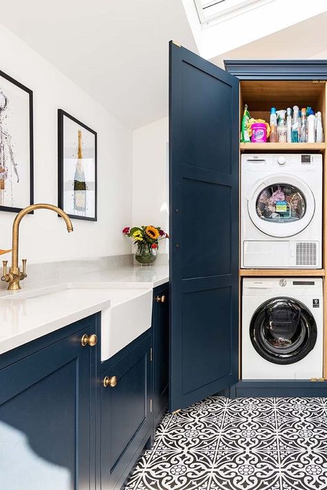 Read all about this bespoke kitchen and utility project in Beckenham as well as many other completed projects on our website. #herringbonekitchens #bespokekitchens #bespokecabinetry #kitchencabinetry #bespokeutility #utilityroom #kitchenextension #kitchenideas #kitcheninspo #bluekitchen #londonkitchens #quartzworktops Washer Dryer Storage, Stacked Washer And Dryer, Washer Dryer Laundry Room, Kitchen And Utility, Utility Space, Laundry Cupboard, Small Utility Room, Herringbone Kitchen, Utility Room Designs