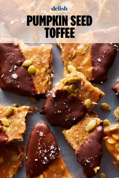 Trust us—your friends will thank you. Pumpkin Spice Toffee, Toffee Recipe, Raw Pumpkin Seeds, Chocolate Toffee, Bark Recipe, Fall Soups, Chocolate Bark, Pumpkin Soup, Pumpkin Dessert