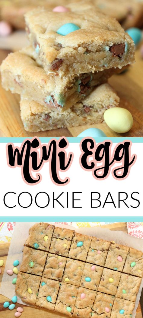 Our soft and chewy Mini Egg Cookie Bars are made with basic pantry items and loaded with Cadbury Mini Eggs! All the tasty goodness of a traditional cookie without needing to scoop or roll the dough!  #cookies #cookiebars #minieggs #Easter #Easterbaking #Easterdessert #Eastertreat #eastercookie Mini Egg Blondies, Easter Cookie Bars, Cadbury Mini Egg Cookies, Easter Cupcakes Easy, Cadbury Mini Eggs, Mini Eggs Cookies, Cookie Bars Easy, Raw Cookie Dough, No Egg Cookies