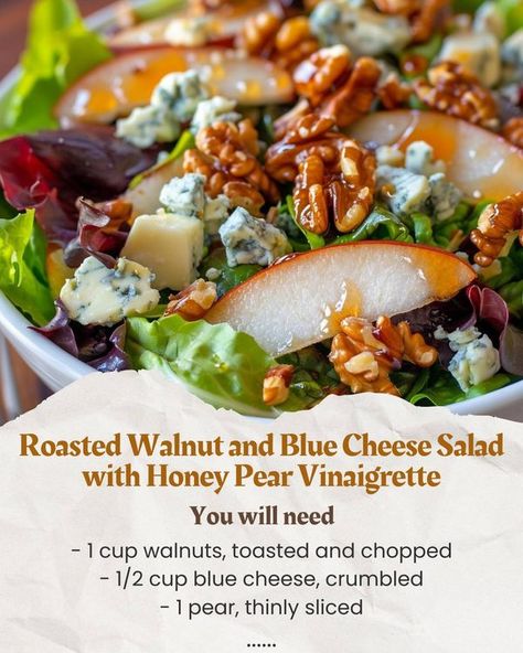 Luscious Recipes | Roasted Walnut and Blue Cheese Salad with Honey Pear Vinaigrette | Facebook Pear Blue Cheese Salad Recipes, Pear Salad With Blue Cheese, Apple Bleu Cheese Walnut Salad, Baked Pears With Blue Cheese And Honey, Pear Blue Cheese Salad, Pear Vinaigrette, Pear Walnut And Blue Cheese Salad, Pear And Blue Cheese Salad, Pear And Blue Cheese