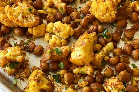 Honey Mustard Cauliflower and Chickpeas Mustard Cauliflower, Chickpeas Recipes, Cauliflower And Chickpeas, Spiced Cauliflower, Honey Chipotle, Spiced Chickpeas, Vegetarian Foods, Crusted Salmon, Recipe Sheets