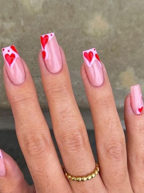 pink negative space nails with red hearts Nye Nails, Negative Space Nails, Heart Nail Designs, Pink Glitter Nails, Valentine Nail Art, Punk Nails, Glittery Nails, Nail Designs Valentines, Already Gone